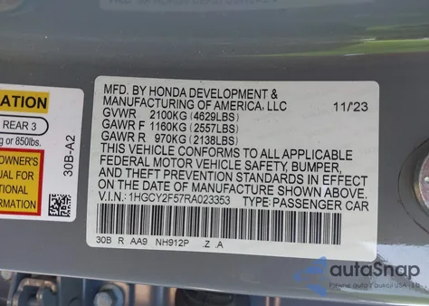 2024 Honda Accord Hybrid Sport z USA, uszkodzony, nr VIN 1HGCY2F57RA023353
